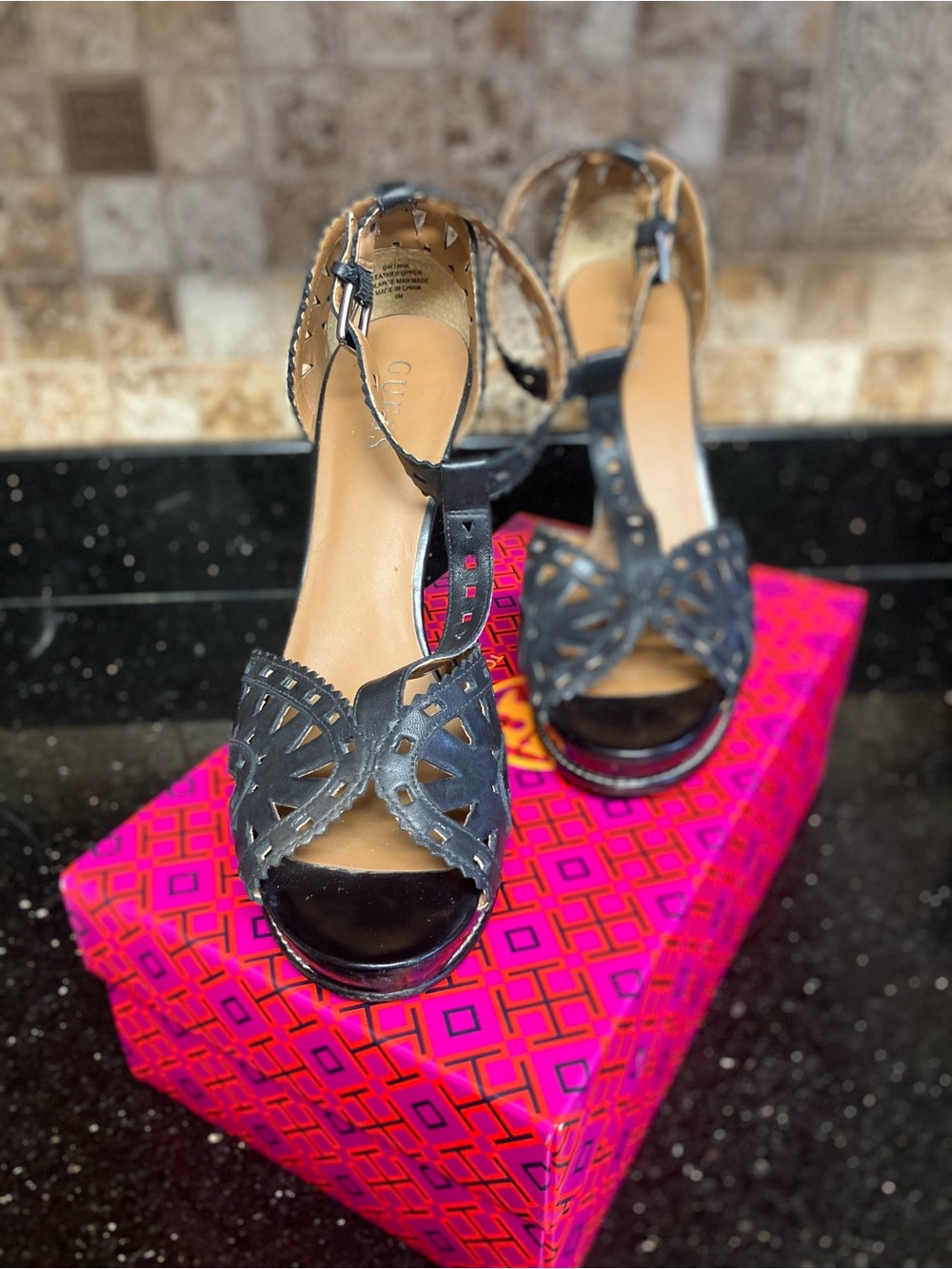 Guess Black Laser-Cut T-Strap High Heel Sandals